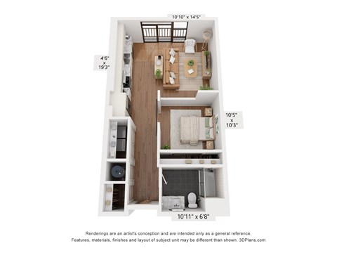 A 3D floor plan of a small apartment with a kitchen, living room, and bathroom.